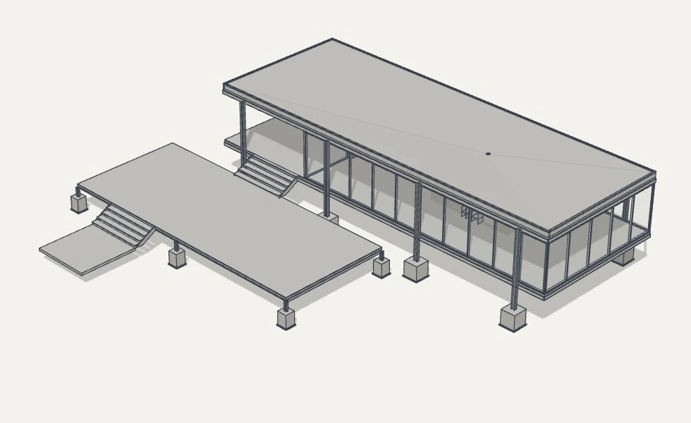 Real Arcayo model view of a raised glass and steel pavilion with a separate terrace